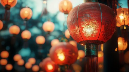 Poster - Red Chinese lanterns illuminated at dusk, with a blurred background of other lanterns.