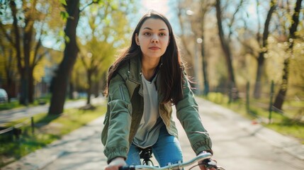 Wall Mural - A woman is riding a bicycle down a street. She is wearing a green jacket and a white shirt. The scene is bright and sunny, and the woman is enjoying her ride