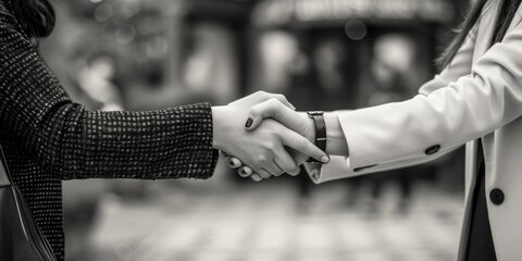 Sticker - Two women shaking hands. One is wearing a black jacket and the other is wearing a white jacket