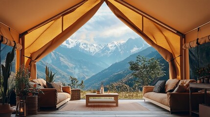 Poster - Relaxing tent with mountain view and comfortable couch.