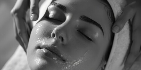 A woman is getting her face washed with a towel. The woman is smiling and looking relaxed. The towel is white and is being used to clean her face