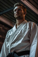 Canvas Print - A man in a white karate uniform stands in front of a brick wall. He looks serious and focused