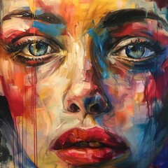 A woman's face is painted with bright colors and has a sad expression