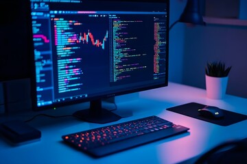 A computer monitor displays a complex code on a dark background