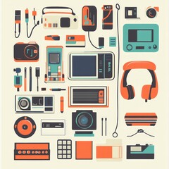 Wall Mural - Retro-styled flat illustration of electronic devices, including a television, camera, game console, headphones, and more.