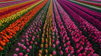 Wall Mural - Rows of colorful tulips in a field.