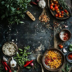 Sticker - Rustic background with spices, herbs and vegetables.