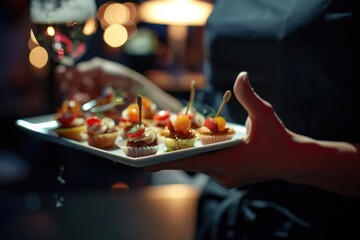 Wall Mural - A person is holding a tray of small desserts, including cupcakes and fruit. The tray is placed on a table, and the person is wearing a black shirt. The scene suggests a casual gathering or party