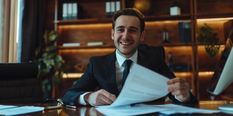 Canvas Print - A man in a suit is smiling and holding a piece of paper. He is sitting at a desk with a computer monitor and a keyboard. The room has a lot of bookshelves and a potted plant