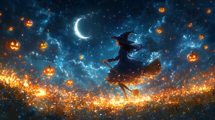 Wall Mural - halloween witch with pumpkin