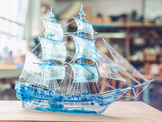 Sailing ship visualization with augmented reality Transparent funicular in studio drawing in blue colors