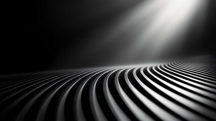 Wall Mural - Black and white gradient background, horizontal metal texture pattern, dark and light effect, depth of field, perspective effect, interweaving of light.