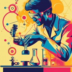 Poster - Scientist in lab coat working with beakers and flasks in a colorful abstract background.