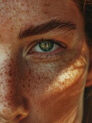 Poster - A woman with green eyes and a lot of freckles. The freckles are spread across her face and neck