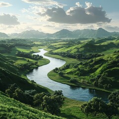 Wall Mural - Serene river winding through a lush green valley with majestic mountains in the background.