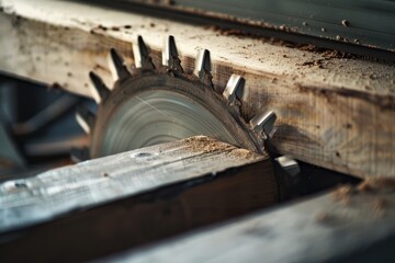 A detailed view of a used saw blade embedded in a piece of wood with visible sawdust, signifying ongoing woodworking or carpentry projects.