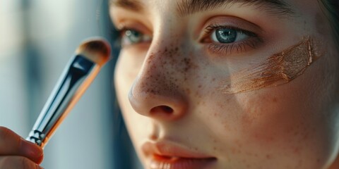 Canvas Print - A woman is applying makeup to her face with a brush. She has a blue eye and a tan face