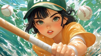 Canvas Print - A cartoon girl with baseball cap and batting gloves holding a bat, AI