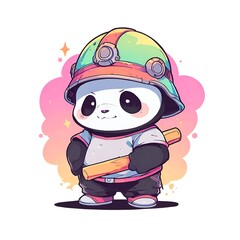 Poster - Cute Panda in Helmet Holding a Stick