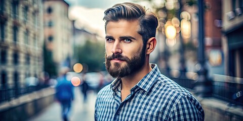 A stylish gentleman with a neatly trimmed beard and trendy haircut, dressed in casual attire, confidently posing against a blurred urban background outdoors.