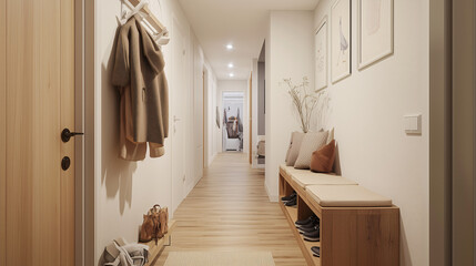 Wall Mural - A compact hallway featuring a slim shoe storage cabinet that also serves as a small bench for seating, paired with a narrow coat rack