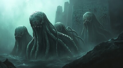 Mysterious sea creatures emerge from foggy waters near ancient ruins at twilight