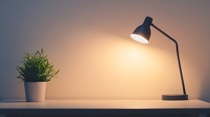 A desk lamp illuminates a potted plant and casts a warm glow on the tabletop.