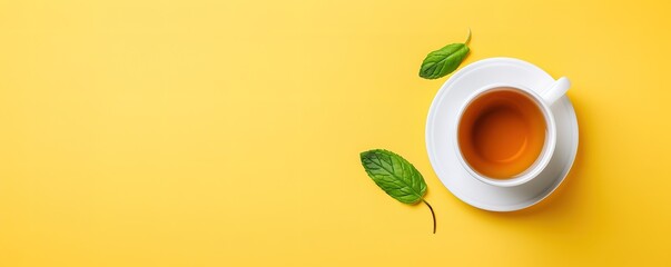 A cup of tea with green leaves on a yellow background. Perfect for illustrating relaxation, tranquility, and herbal beverages.