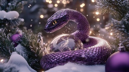 A purple snake coils around a globe amidst snow-covered pine branches and festive ornaments in a winter wonderland