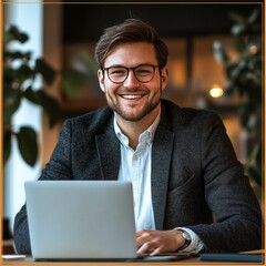 Sticker - Smiling man in glasses using a laptop in a modern office setting.