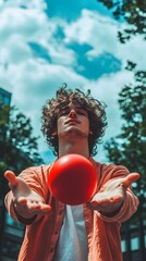 Wall Mural - 70. A person holding a ball, playful expression