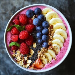 Poster - Smoothie bowl with banana, blueberries, raspberries and granola.