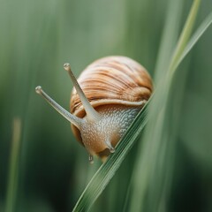 Snail crawling on a blade of grass in a green meadow.