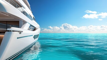 Luxurious yacht sailing on calm turquoise waters under a bright blue sky with fluffy clouds in the afternoon