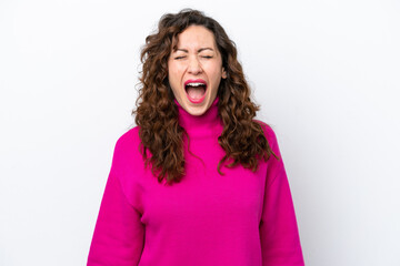 Wall Mural - Young caucasian woman isolated on white background shouting to the front with mouth wide open