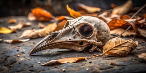 A weathered bird skull rests on a textured stone surface, surrounded by dried leaves and twigs, evoking a sense of mortality and the passage of time.