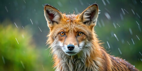 A Wet Red Fox Stands In The Rain With Its Fur Matted And Dripping, Looking At The Camera With An Expression Of Discomfort.