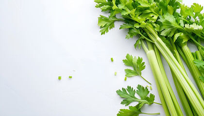 Canvas Print - fresh celery isolated on white background.Top view. Flat lay