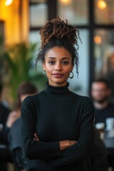 Wall Mural - A woman with a black shirt and a ponytail is standing in front of a group of people