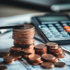 Wall Mural - Stack of coins on financial documents next to calculator.