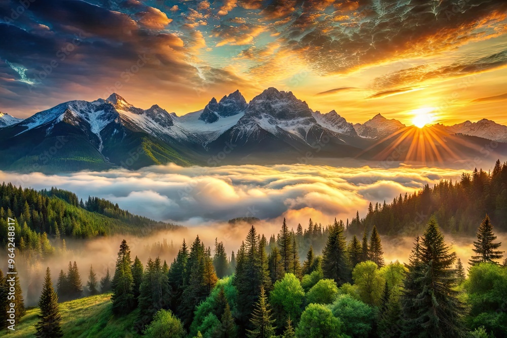 Breathtaking sunrise over snow-capped peaks with lush green forests and ...