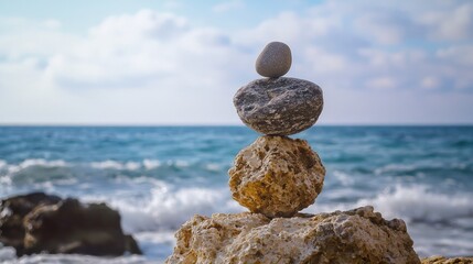 Wall Mural - Stacked rocks on a rocky beach with ocean waves in the background.