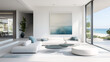 © highspirit - A modern beach house interior with a minimalist design, featuring light grey floors, white walls, abstract ocean-themed artwork, and sleek furniture with blue and green accents