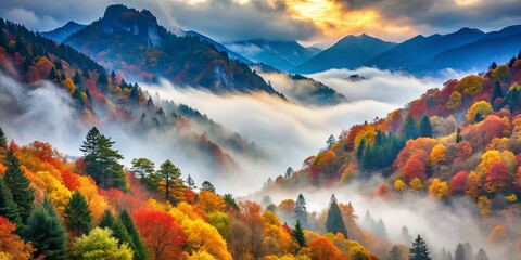 Canvas Print - A misty autumn mountainscape featuring vibrant foliage and a tranquil atmosphere