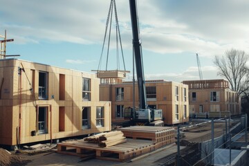 Wall Mural - Large construction crane lifting materials as residential buildings take shape, underscoring industrious efforts and urban development.