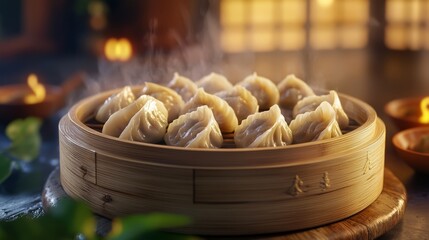 Sticker - Steaming dumplings in a bamboo steamer.