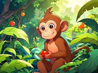 Sticker - A Cute Monkey Holding a Tomato in a Lush Jungle