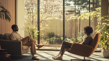 A man and a woman sit in a cozy space filled with plants, engaged in deep conversation while natural light filters through expansive windows, illuminating the serene garden outside