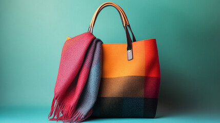 Stylish Bag with Scarf on Color Background