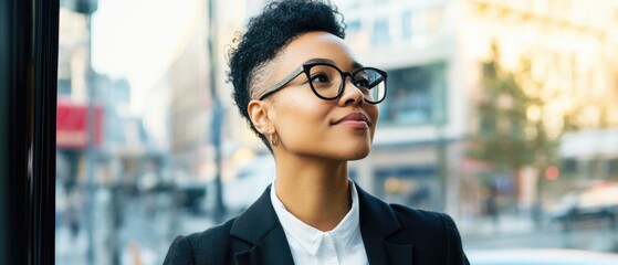 Wall Mural - a woman wearing glasses and a black suit is looking out the window of a bus. she is deep in thought
